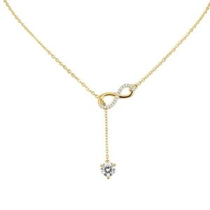 Gold Over Sterling Silver Moissanite Infinity Pull Through Lariat Necklace+ GRA